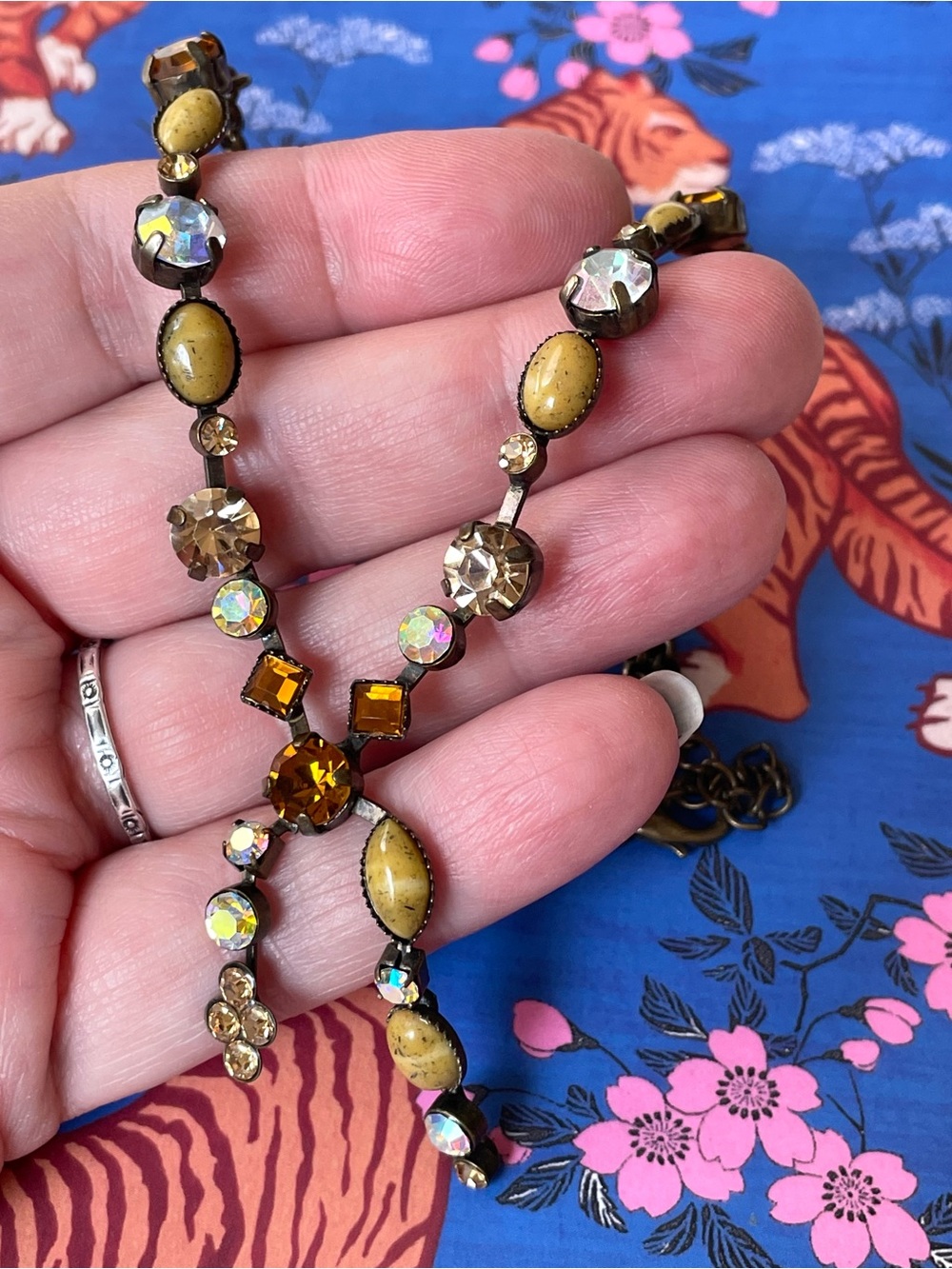 Vintage/style antiqued metal & AB crystal/rhinestone choker necklace Y2K